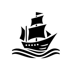 Stylized Black Sailing Ship Icon on Waves - Nautical Vector Graphic