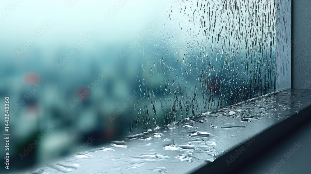 Poster raindrop on a window merging city atmosphere and rain pattern concept. rainy window scenery with a b