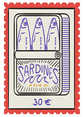 Canned sardines sticker. Seafood. Vintage Italian print, wall art, vector travel postcard stamp, summer emblem, placard or poster. Retro frame border element design in line ink style.