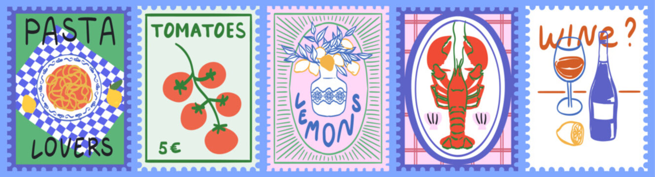 Summer in Italy. Amalfi. Vector illustration of postage stamps with image of Pasta, wine, lobster on a plate, tomatoes drawing for poster, placard or menu print. Mediterranean vacation post cards.