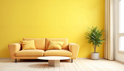 Minimalist Living Room with Sofa, Coffee Table, and Pale Yellow Wall
