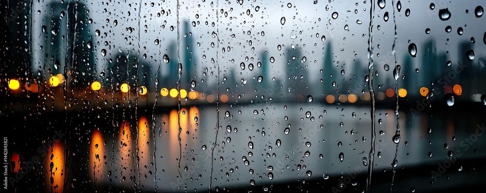 Poster raindrop on a window across cityscape with layered water texture concept. rainy cityscape view with 