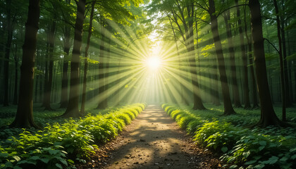 Naklejka premium a path through a forest with sun rays shining through trees