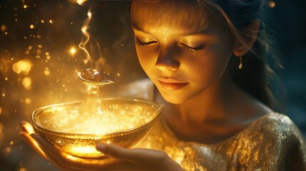 Golden magic bowl held by a young girl