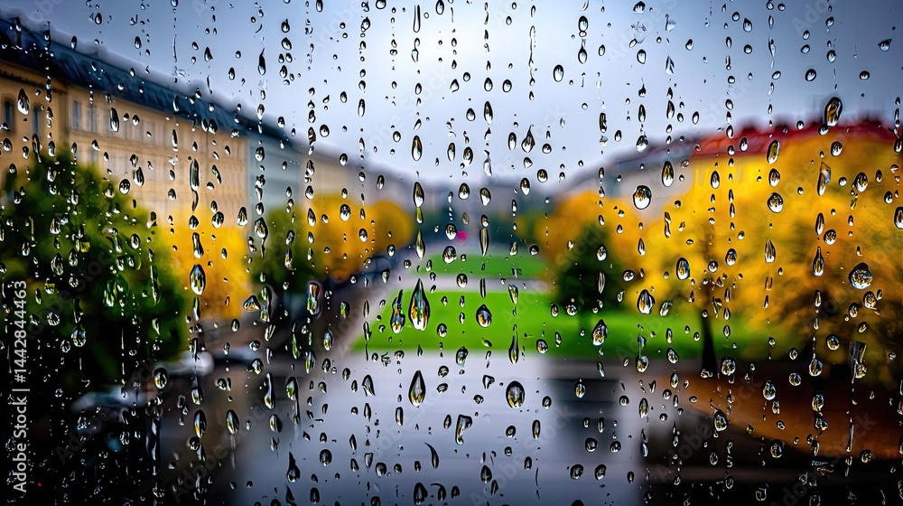 Poster raindrop on a window blending rain, mood, and urban atmosphere concept. raindrops on a window with c