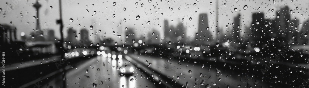Poster raindrop on a window merging city atmosphere and rain pattern concept. a rainy cityscape view with d