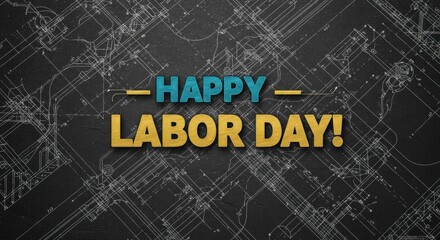 Happy Labor Day Text on Dark Technical Blueprint Background