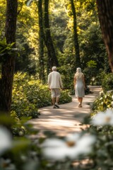Senior couple strolling through a sun-dappled park.