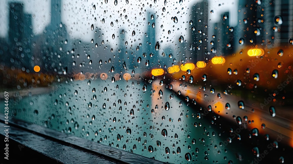 Poster raindrop on a window across cityscape with layered water texture concept. rainy cityscape view throu