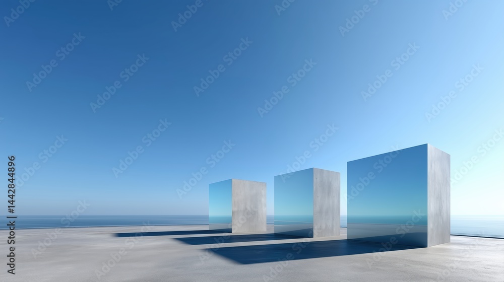 Poster abstract 3d rendered minimalist background with clear blue sky, empty concrete floor, and three whit