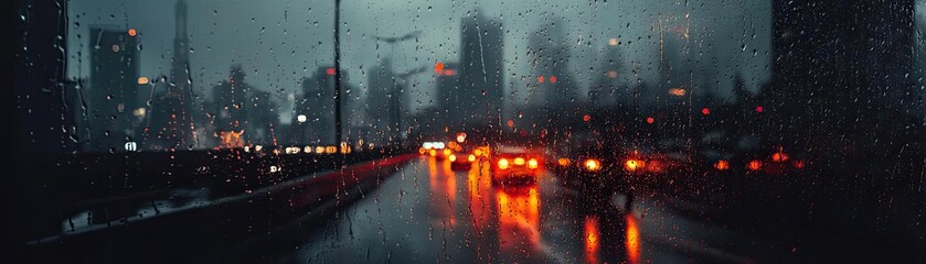 Raindrop on a window across cityscape with layered water texture concept. A rainy night in the city with illuminated cars and buildings.