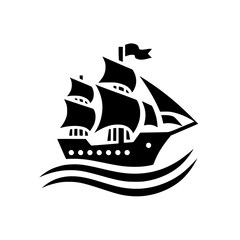 Classic Black Silhouette Sailing Ship Illustration on Waves