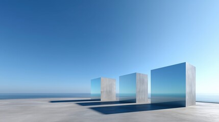 Abstract 3D Rendered Minimalist Background with Clear Blue Sky, Empty Concrete Floor, and Three White Mirrored Cube Buildings on Horizon for Product Presentation, Mockup, or Banner Design