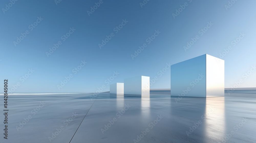 Poster abstract 3d rendered minimalist background with clear blue sky, empty concrete floor, and three whit