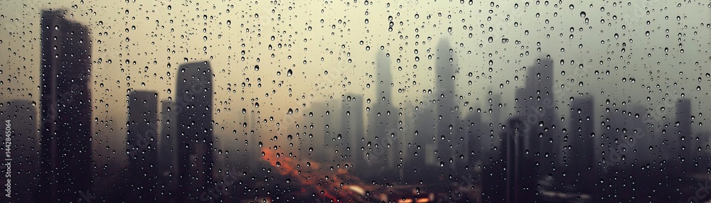 Poster raindrop on a window merging city atmosphere and rain pattern concept. rainy cityscape view through 