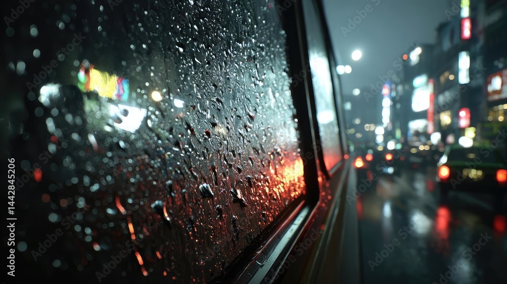 Poster raindrop on a window merging city atmosphere and rain pattern concept. raindrops on car window durin