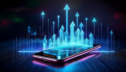 innovative smartphone displaying futuristic interface with upward arrows symbolizing growth and technology