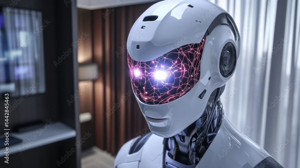 Poster futuristic humanoid robot with illuminated circuits and sleek design