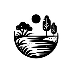 Minimalist Black & White Circular Landscape Logo with Trees Sun and River