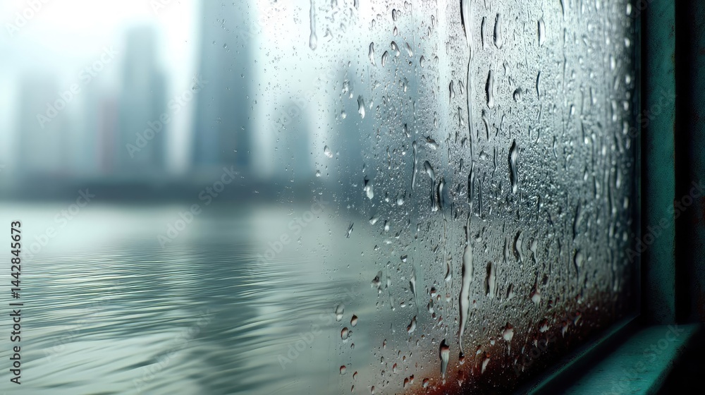 Poster raindrop on a window merging city atmosphere and rain pattern concept. a rainy cityscape view from i
