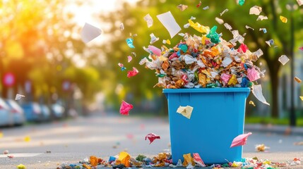 Overflowing blue bin with crushed recyclables, wind blowing loose paper across the ground
