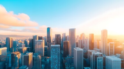 Obraz premium Stunning aerial view of a modern city skyline at sunrisesunset