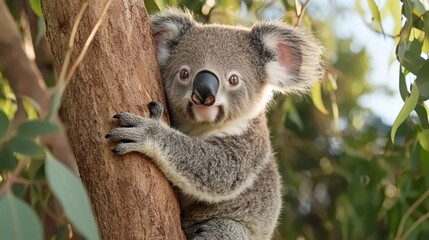 Fototapeta premium Adorable Koala Climbing Eucalyptus Tree in Natural Habitat