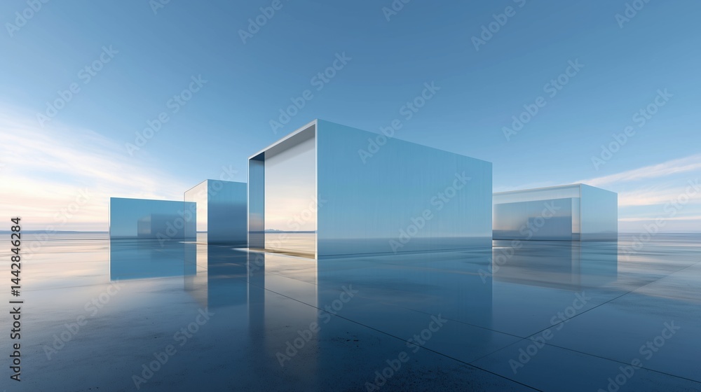 Poster abstract 3d rendered minimalist background with clear blue sky, empty concrete floor, and three whit