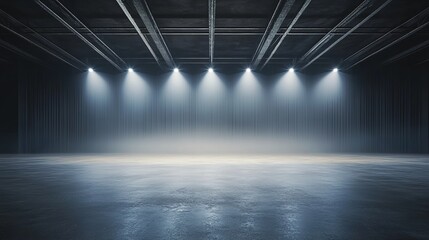 Empty stage with smoke illuminated by spotlights and dark curtains.