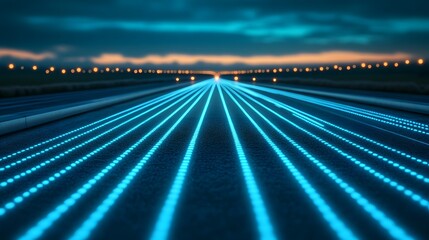 Futuristic highway with glowing traffic lights at night