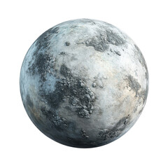 A gray, cratered, rocky sphere appears to be a digitally rendered image of a distant planetary body in space.