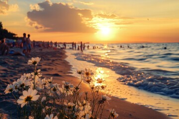 Golden sunset over beach with flowers