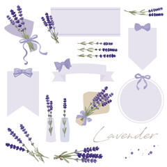 ラベンダーとリボンフレームの手描き水彩画イラストセット