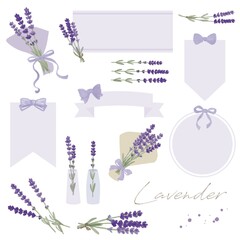 ラベンダーとリボンフレームの手描き水彩画イラストセット