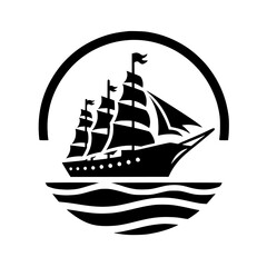 Classic Nautical Sailing Ship Emblem on Waves, Black and White Graphic Icon