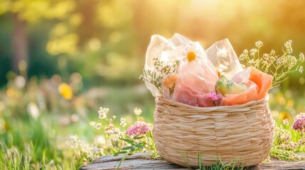 Plastic wrappers poking out of a woven basket in a rustic outdoor setting