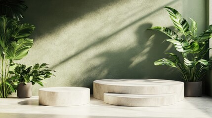 Empty display podiums with tropical foliage in a muted interior.