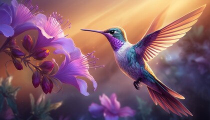 hummingbird flying next to purple flower
