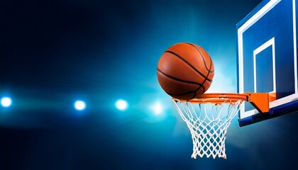the orange basketball ball flies through the basket blue color filter horizontal sport poster greeting cards headers website