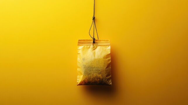 Tea bag in the center of a soft yellow background, hanging with string and tag visible