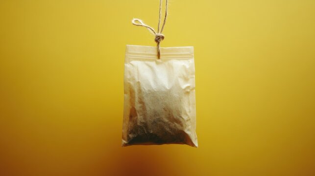 Tea bag in the center of a soft yellow background, hanging with string and tag visible
