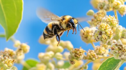 Close-Up of a Bumblebee Pollinating Blossoms Under Clear Blue Sky