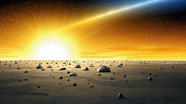 Vast Desert Landscape with Bright Sunrise and Starry Sky in Digital Art Representation