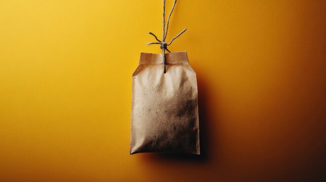 Tea bag in the center of a soft yellow background, hanging with string and tag visible