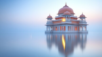 Obraz premium Sunrise Mosque, Calm Lake, Mist, India, Peaceful