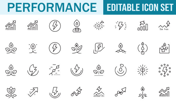 Set of line icons illustrating energy, growth, and analytics suitable for nature and tech sectors.