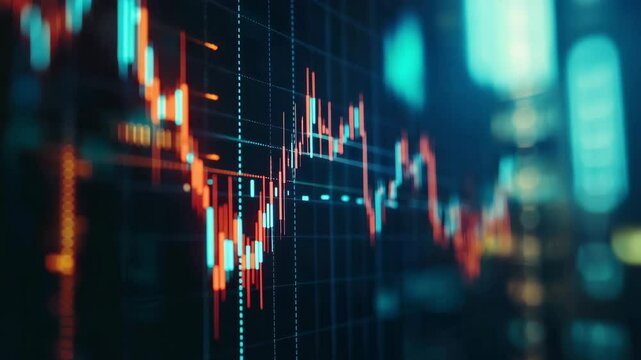 Digital display of financial chart shows fluctuating stock market data with red and blue sticks - market volatility and economic analysis concept.
