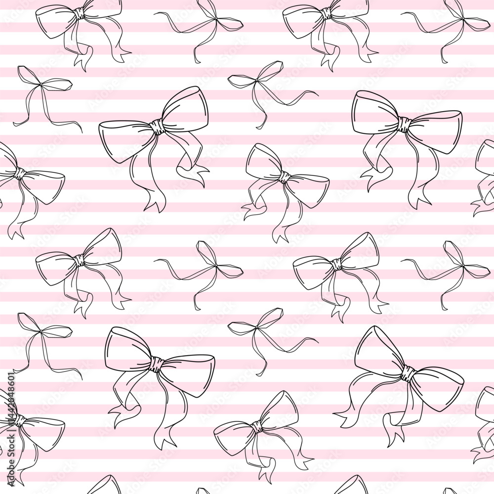 Poster girly bow pattern with stripes. seamless pattern with ribbon bows on soft pink and white striped bac