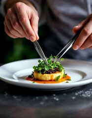 Culinary artistry: A chef meticulously arranges microgreens atop a gourmet dish, showcasing skill in a studio setting, representing a dedication to precision and the art of fine dining.