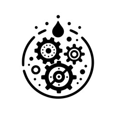 Abstract Icon: Gears & Fluid Drop Symbolizing Mechanical Process, Engineering, Lubrication, or System Maintenance